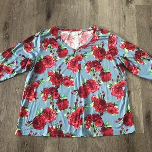 Pioneer‎ Woman Top Blouse 2X Floral 3/4 Sleeve V Neck Desert Rose